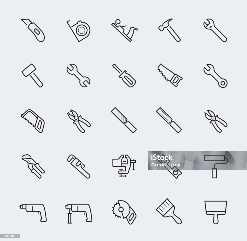 Hand work tools and instruments vector line icon set Adjustable Wrench stock vector