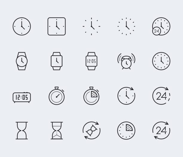 ilustraciones, imágenes clip art, dibujos animados e iconos de stock de icono de vector tiempo y reloj en estilo de línea fina - stopwatch symbol computer icon watch