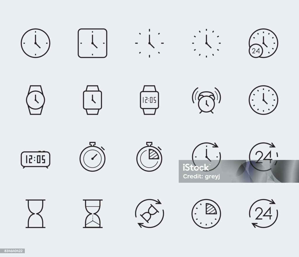 Temps et horloge vector jeu d’icônes dans le style de ligne fine - clipart vectoriel de Icône libre de droits