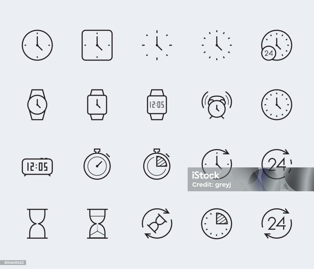 Time and clock vector icon set in thin line style Icon Symbol stock vector