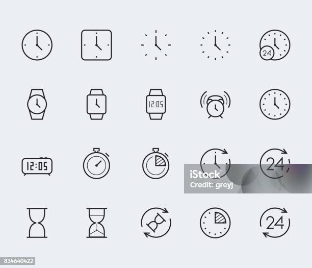 Time And Clock Vector Icon Set In Thin Line Style Stock Illustration - Download Image Now - Icon Symbol, Watch - Timepiece, Clock