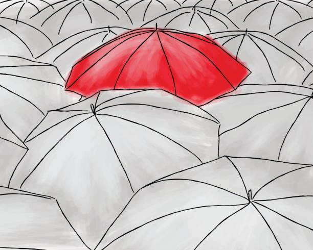 Red Umbrella In The Grey Umbrellas Pattern Stock Illustration