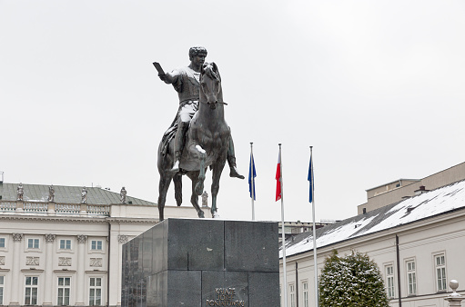 Equestrian statue of Prince Jozef Poniatowski in front of Presidential Palace. Warsaw is the capital and largest city of Poland.
