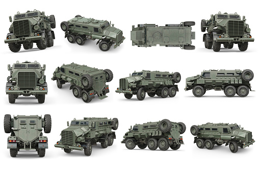 Truck military green armored army transport set. 3D rendering