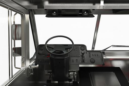 Van interior dashboard steering, close view. 3D rendering