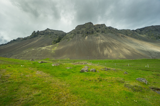 Iceland - Moss covered green volcanoe behind meadow with clouds