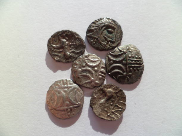 Collection Of 1st Century Boudicca Iceni Hammered Coins Set of Boudicca/Boadicea-era ancient Briton Iceni tribe hammered coins dated 1st century AD. Various types including ECEN, ANTED and Norfolk God; also displaying the iconic double crescent symbol on the reverse. Norfolk, England, UK. boadicea statue stock pictures, royalty-free photos & images