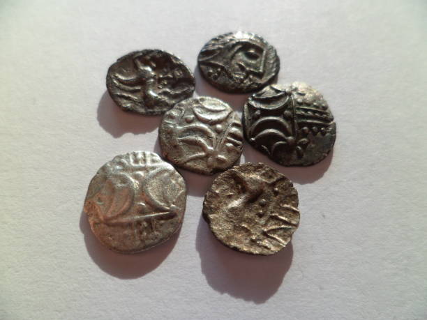 Collection Of 1st Century Boudicca Iceni Hammered Coins Set of Boudicca/Boadicea-era ancient Briton Iceni tribe hammered coins dated 1st century AD. Various types including ECEN, ANTED and Norfolk God; also displaying the iconic double crescent symbol on the reverse. Norfolk, England, UK. boadicea statue stock pictures, royalty-free photos & images