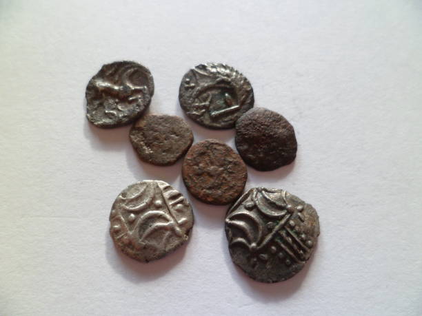 Collection Of 1st Century Boudicca Iceni Hammered Coins Set of Boudicca/Boadicea-era ancient Briton Iceni tribe hammered coins dated 1st century AD. Various types including ECEN, ANTED and Norfolk God; also displaying the iconic double crescent symbol on the reverse. Norfolk, England, UK. boadicea statue stock pictures, royalty-free photos & images