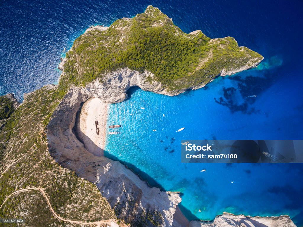 Aerial  view of Navagio beach Shipwreck view in Zakynthos (Zante) island, in Greece Aerial  view of Navagio beach Shipwreck view in Zakynthos (Zante) island, in GreeceAerial  view of Navagio beach Shipwreck view in Zakynthos (Zante) island, in Greece Zakynthos Stock Photo