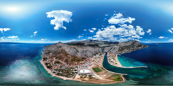 360x180 degree full spherical (equirectangular) aerial panorama of Omis resort and Cetina river, Dalmatian Coast, Croatia