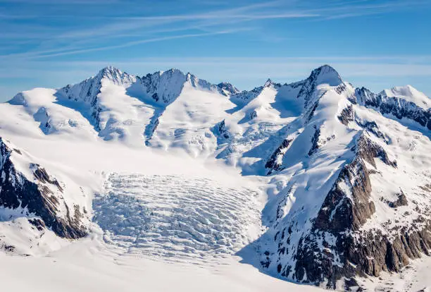 Crevasses running deep into one of the glaciers that feeds the enormous Aletsch glacier in the Bernese Oberland area of Switzerland.