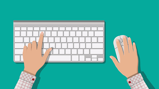 Modern aluminum computer keyboard and mouse. Hands of user. Wireless input device. Vector illustration in flat style