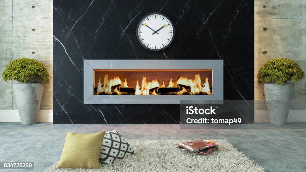 Living Room With Black Marble Fireplace Decor Design Stock Photo - Download Image Now