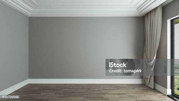 Empty Room Interior Background With Curtain Stock Photo - Download Image Now - Empty, No People, Living Room