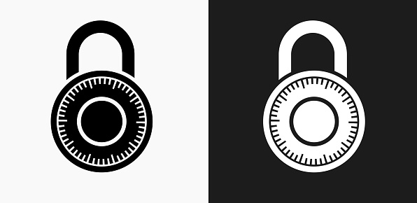 Combination Lock Icon on Black and White Vector Backgrounds. This vector illustration includes two variations of the icon one in black on a light background on the left and another version in white on a dark background positioned on the right. The vector icon is simple yet elegant and can be used in a variety of ways including website or mobile application icon. This royalty free image is 100% vector based and all design elements can be scaled to any size.