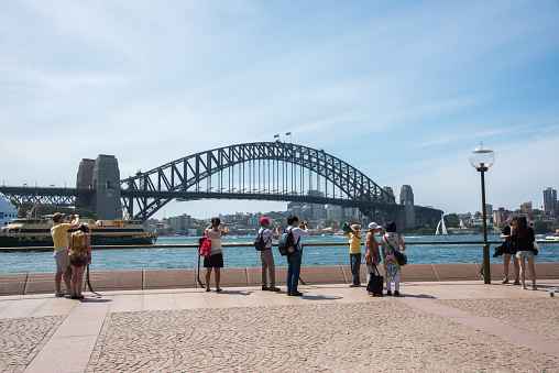 Sydney,NSW,Australia-November 20,2016: Tourists photographing the Sydney Harbour Bridge with nautical vessels in the Parramatta River in Sydney, Australia.