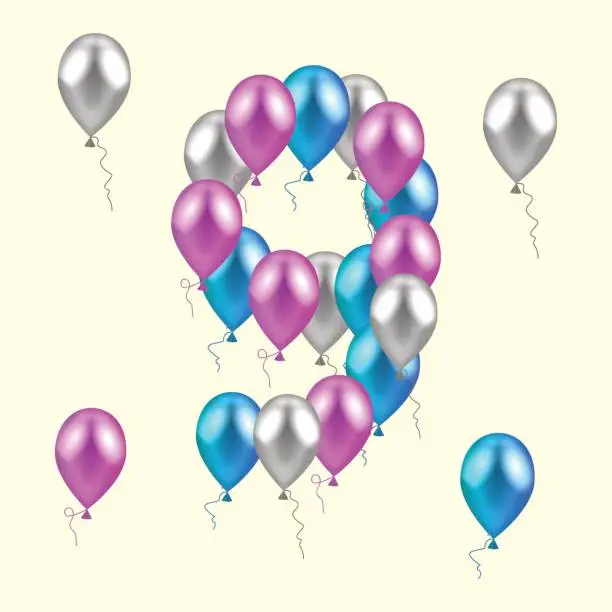 Vector illustration of vector illustration. realistic colored balloons on the ninth bir