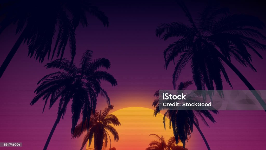 fundo de estilo retro dos anos 80 com coqueiros tropicais e por do sol do render 3d - Foto de stock de 1980-1989 royalty-free