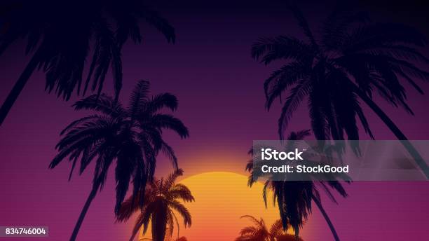 Foto de Fundo De Estilo Retro Dos Anos 80 Com Coqueiros Tropicais E Por Do Sol Do Render 3d e mais fotos de stock de 1980-1989