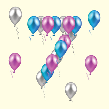 vector illustration. realistic colored balloons on the seventh birthday. pink, silver, blue