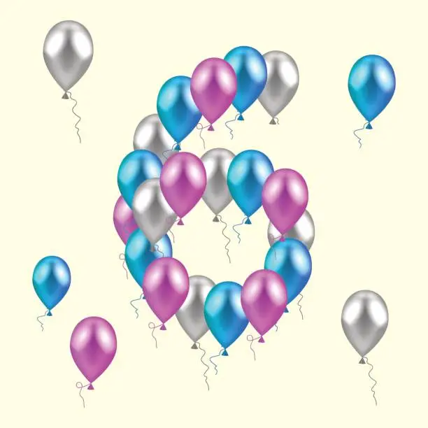 Vector illustration of vector illustration. realistic colored balloons on the sixth bir