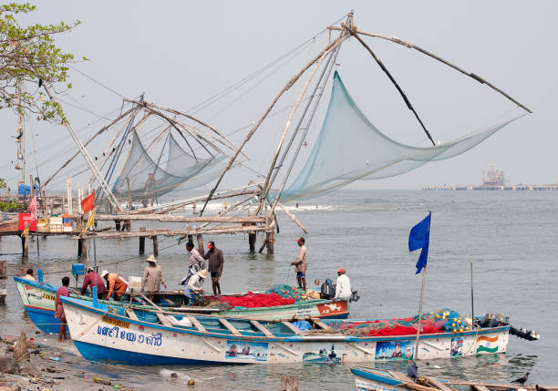 Chinese fishing nets and local fishermen, Fort Kochi, Cochin, Kerala, Southern India Chinese fishing nets and local fishermen, Fort Kochi, Cochin, Kerala, Southern India. Chinese fishing nets form the backdrop to this rural scene by the waters edge, whilst local fishermen tend their nets and unload their catch from fishing boats on the shore, Fort Kochi, Cochin, Kerala, Southern India cochin kerala india chinese fishing net stock pictures, royalty-free photos & images