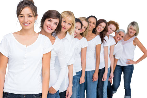 istock Cheerful casual models posing in a line looking at camera 834759706