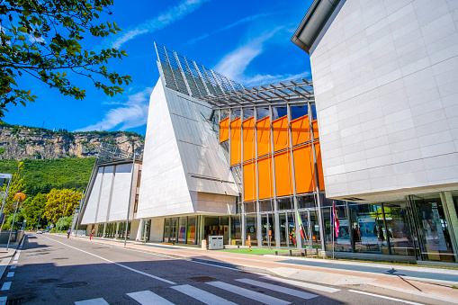 Trento, Italy, 14 Aug 2017: exterior of MUSE modern museum of natural history - building designed by famous architect Renzo Piano