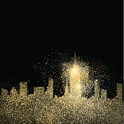 Urban city landscape silhouette, gold cityscape design made of realistic golden glitter dust on black background. EPS10 vector.