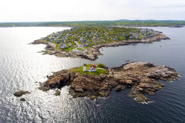 Cape Neddick Lighthouse (Nubble Lighthouse) aerial view at Old York Village, Maine, USA.