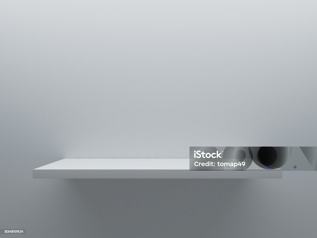 empty shelf stand on the wall empty shelf stand on the wall 3D rendering Table Stock Photo
