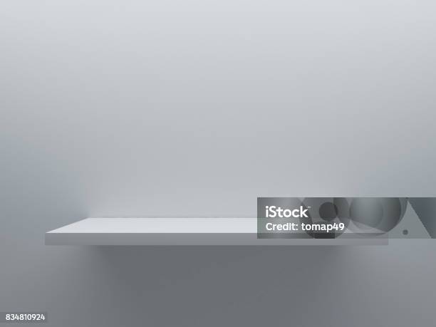 Empty Shelf Stand On The Wall Stock Photo - Download Image Now - Table, White Color, Shelf