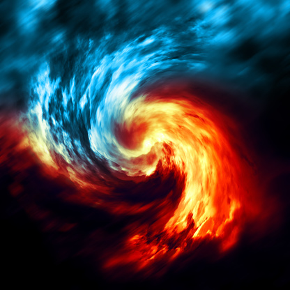 Fire and ice abstract  background. Red and blue smoke swirl on dark background