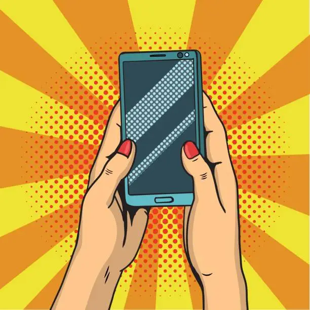 Vector illustration of Hands holding smartphone pop art.