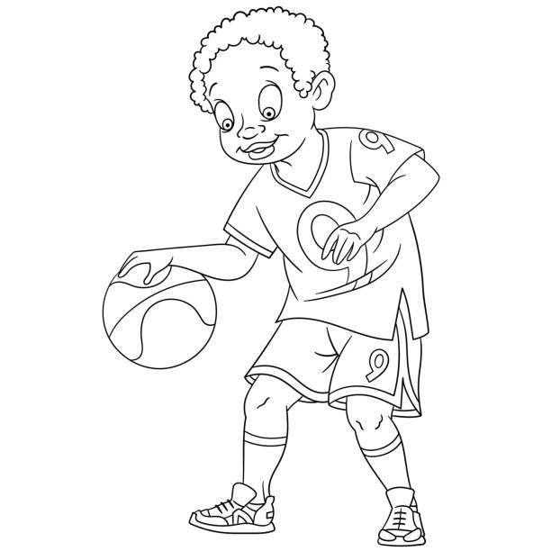 Boy playing basketball Coloring page of cartoon boy playing basketball. Coloring book page for kids and children. african american boy drawing stock illustrations