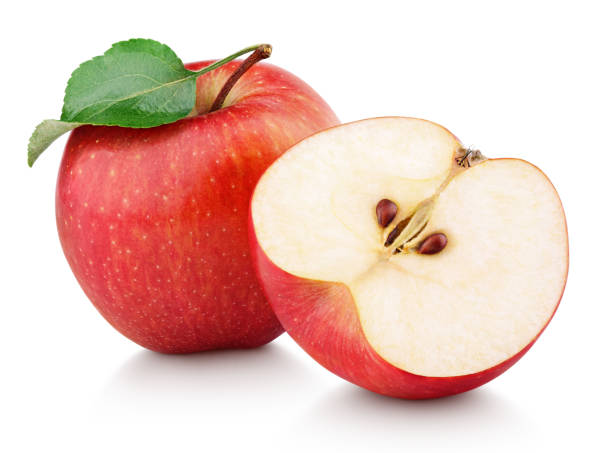 frutas manzana roja con verde y la mitad de la hoja aislados en blanco - apple fotografías e imágenes de stock