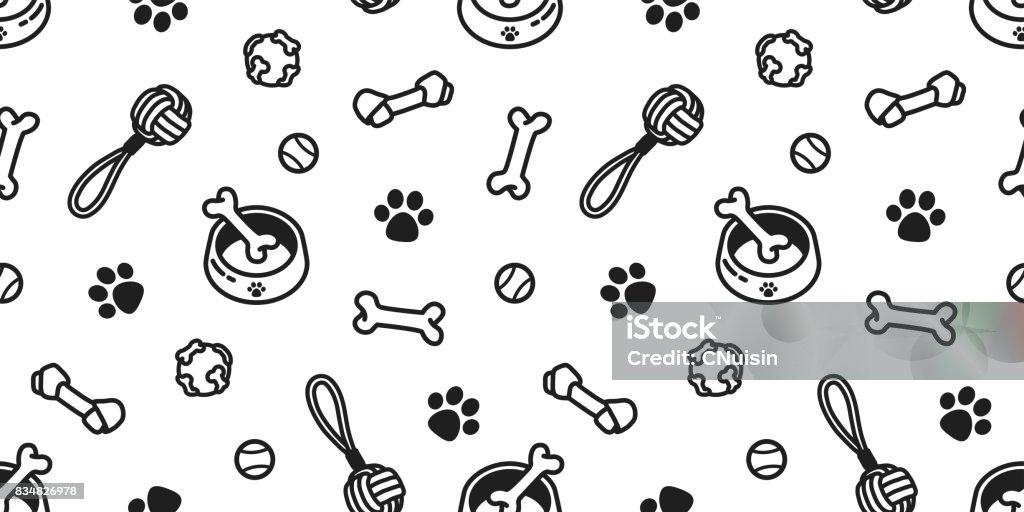 dog toy puppy. dog bone. dog paw. tennis ball. bowl doodle vector seamless pattern wallpaper background Pattern stock vector