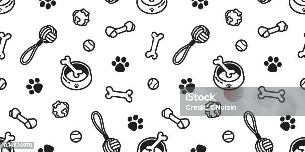 Dog Toy Puppy Dog Bone Dog Paw Tennis Ball Bowl Doodle Vector Seamless Pattern Wallpaper Background Stock Illustration - Download Image Now