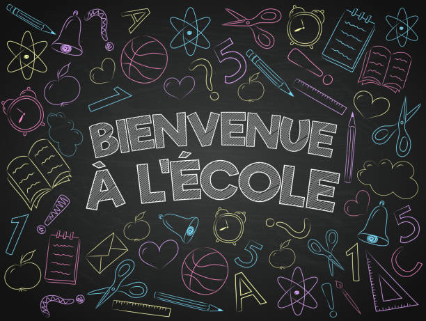 "Welcome to school" - translated from French to English as "Back to School". Vector. "Bienvenue à l'école" - translated from French to English as "Back to School". Vector. french language learn stock illustrations