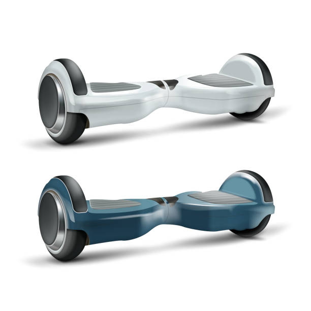 Set of gyroscopes Vector set of white and dark blue gyroscopes or hoverboards close up isolated on background hoverboard stock illustrations