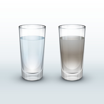 Vector clean and dirty water in glass isolated on light background