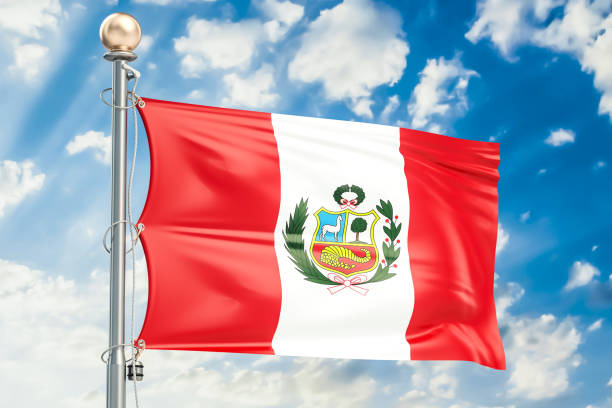 istock Peru flag waving in blue cloudy sky, 3D rendering 834834940