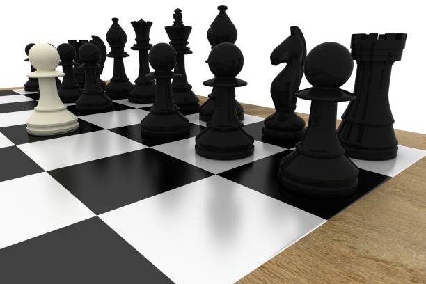 istock Black chess pieces on board with white pawn 834855254