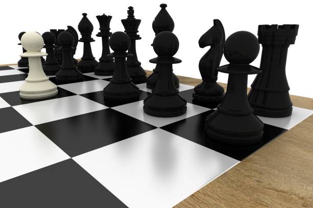 istock Black chess pieces on board with white pawn 834855324