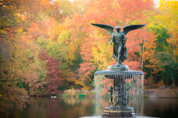 fontana di bethesda - autumn park central park lake foto e immagini stock