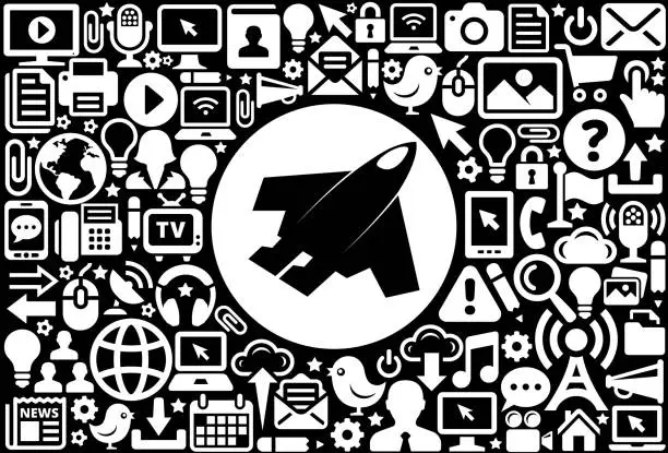 Vector illustration of Futuristic Airplane  Icon Black and White Internet Technology Background