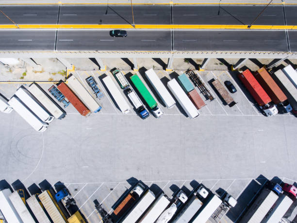 istock Aerial view of trucks and trailers 834883612