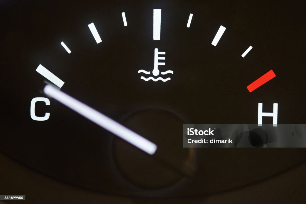 Car temperature coolant meter Car temperature coolant meter close-up. Temprature warning control Heat - Temperature Stock Photo