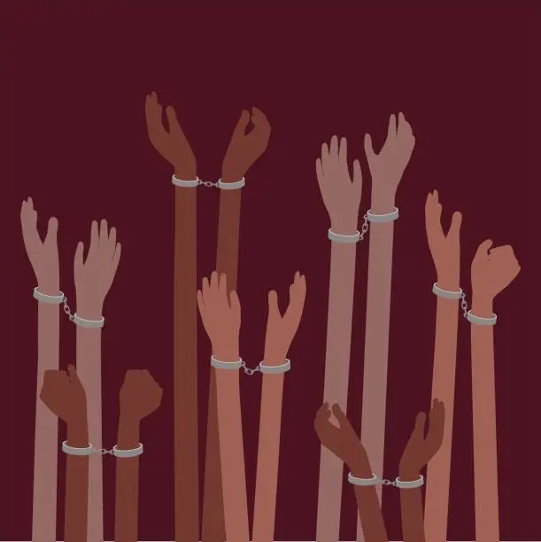 Vector illustration of Prisoners or Slaves victims of trafficking with Hands in Handcuffs - Freedom Concept